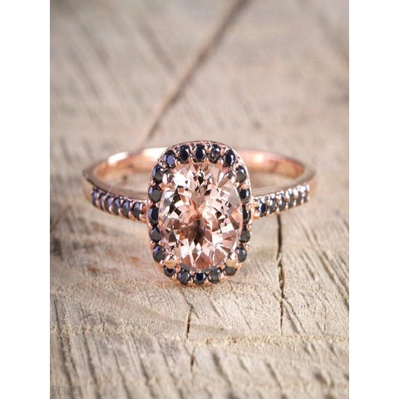 1.25 Carat Peach Pink Morganite (Round cut Morganite) and Black Diamond Engagement Ring in 10k Rose Gold for Women