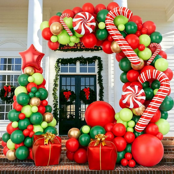 144 Piece Christmas Balloon Garland Arch Kit with Red Gold Fresh Green Dark Green Candy Gift Box Star Balloons for Party Decorations
