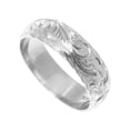 thumbnail image 5 of 14K white gold hand engraved Hawaiian plumeria scroll band ring diamond edge edge 6mm size 5.5, 5 of 6