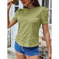 thumbnail image 2 of Top de cuello redondo para mujer, camisetas plisadas de manga corta holgadas de tela Jacquard, camisetas informales de verano, Color Matcha XL, 2 of 6