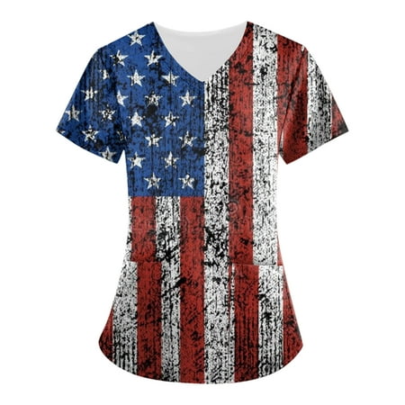 

Sksloeg Spring Printed Scrub Tops for Women 4th Of July American Flag Print Patriotic T Shirts Short Sleeve V-Neck Workwear Nurse Uniform Tee with Pockets Dark Blue XXXL