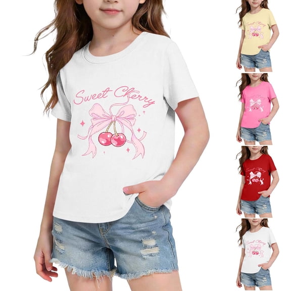 SGFCWSX Girls T Shirt Summer Short Sleeve Cherry Print Crew Neck Casual Soft Kids Daily Wear Tee Tops White Size 7/8
