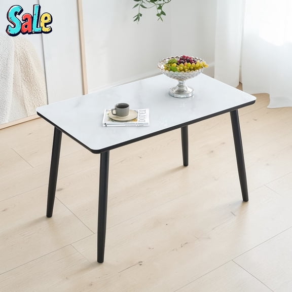 GZXS Modern Dining Table for 4-6, 47.3" White Marble Textured Tempered Glass and Black MDF Double-Layer Dinner Table with Black Metal Legs for Kitchen or Dining Room