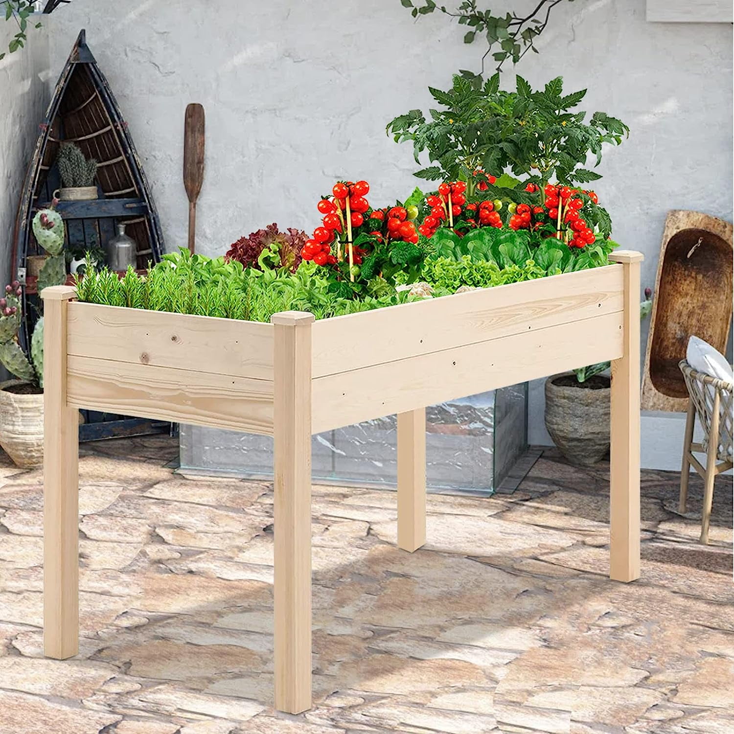 SOLAURA Raised Garden Bed 48x22x30in Outdoor Elevated Wood Planter Box for Flower, Fruits, Herbs and Vegetables - Natural