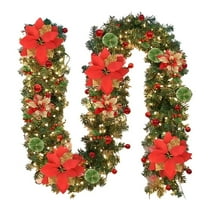 5.9ft Pre-lit Christmas Garland with Red Poinsettia Flowers, Pine Cones, Ornaments & LED Lights for Indoor Outdoor Decor