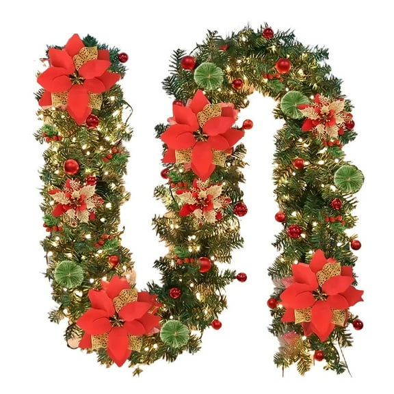 5.9ft Pre-lit Christmas Garland with Red Poinsettia Flowers, Pine Cones, Ornaments & LED Lights for Indoor Outdoor Decor
