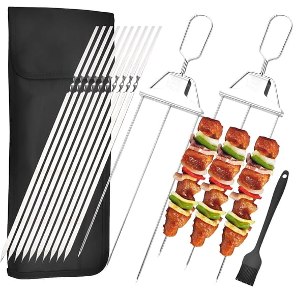 LIOUCBD 2PCS 3 Prong Skewers for Grilling, Stainless Steel Kebab Skewer with 10 Metal Skewers, BBQ Accessories Reusable Roasting Sticks for Meat Vegetable Chicken Push Bar Slider