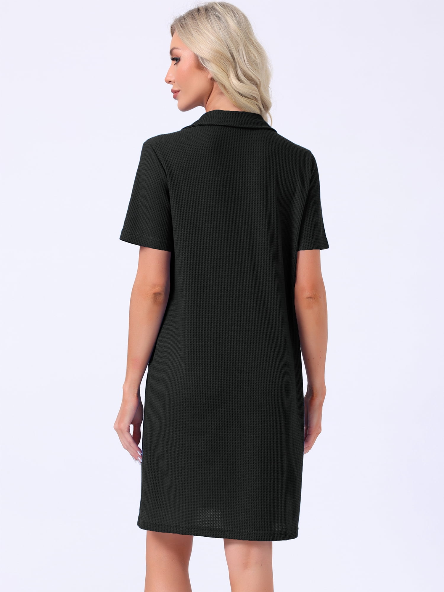 DARING DIVA Women's Zipper Robes Waffle Short Sleeve Bathrobe with Pockets S Black