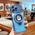 thumbnail image 2 of Phone Case Ring Stand Case Compatible with iPhone 14 Plating Case with Lens Protector, Glitter Shiny Paper Clear Anti-Scratch Stylish Phone Case for iPhone 14 - Blue, 2 of 8