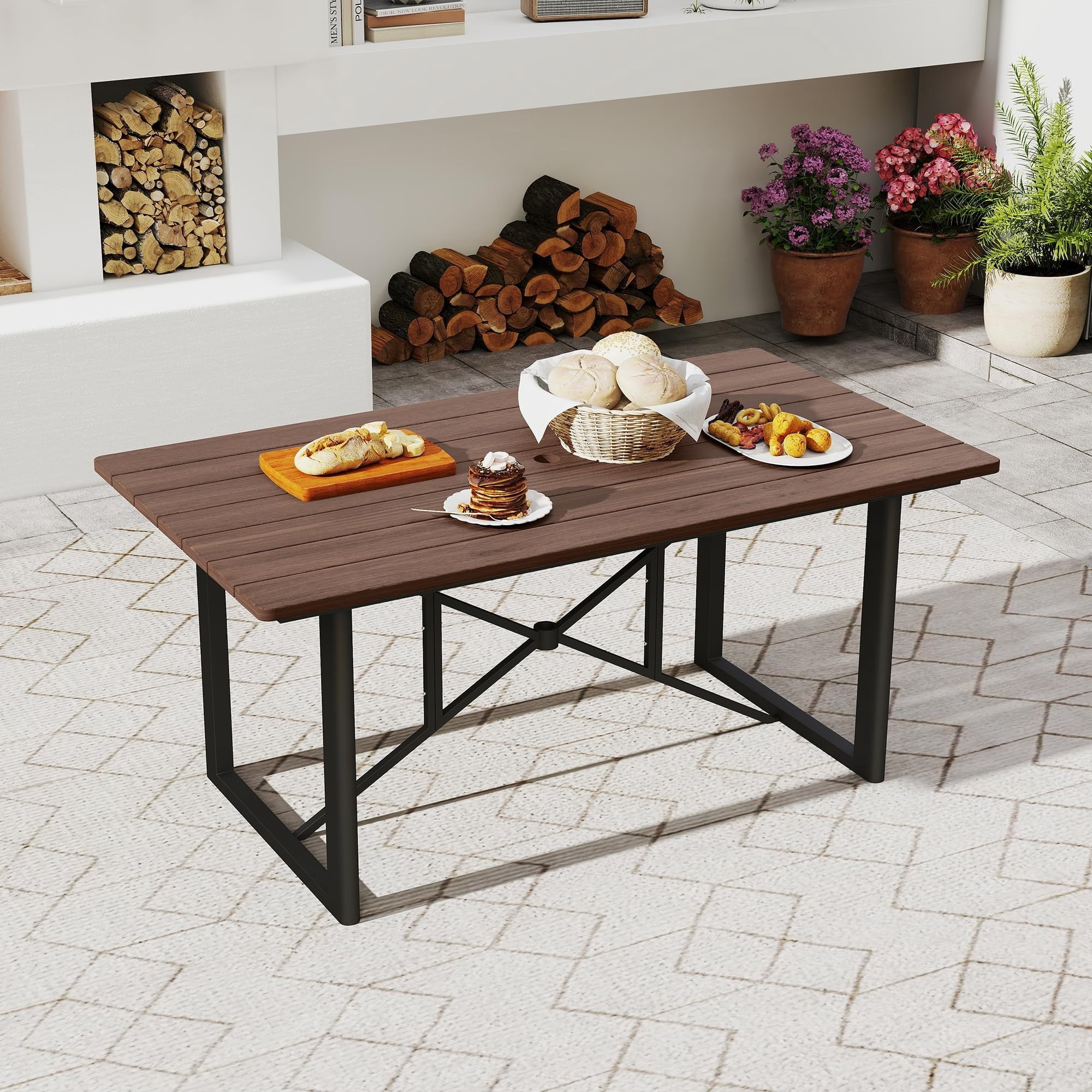 Outdoor Acacia Wood Dining Table for 6, Patio Table with Aluminum Frame & Umbrella Hole, Rectangle Outdoor Dining Table for Backyard Deck Garden
