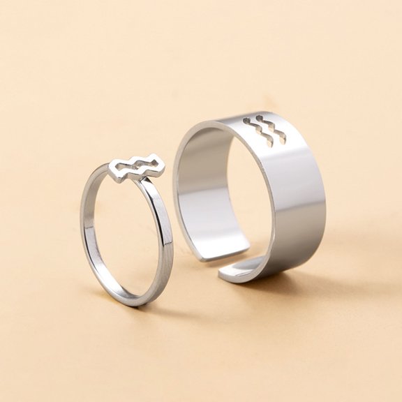 YYKihy Stainless Steel Zodiac Ring For Couple Women Men Statement Ring Open Friendship BBF Birthday Jewelry Gift 2Pcs Set