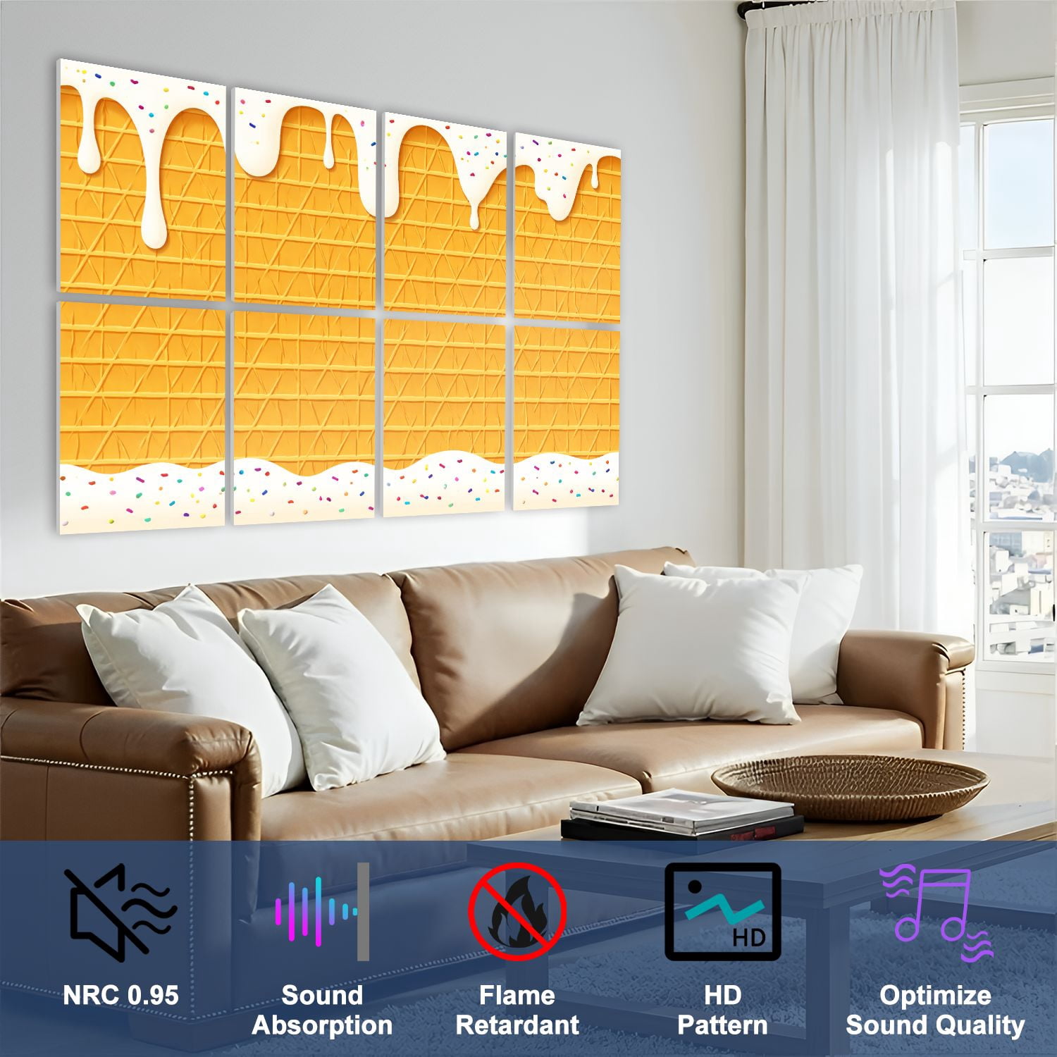 8 Pack Art Acoustic Panels Sound Absorbing Ice Cream Cone Dripping White Glaze Wafer Texture Abstract Decorative Soundproof Wall Panels Self Adhesive for Nursery Game Room Bedroom 48"x32"