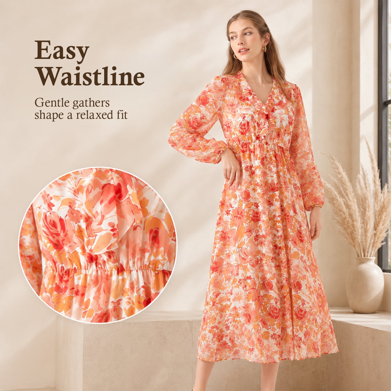 Alvantor Women's Floral V-Neck Long Sleeve Midi Dress, Red Multi Flower Print