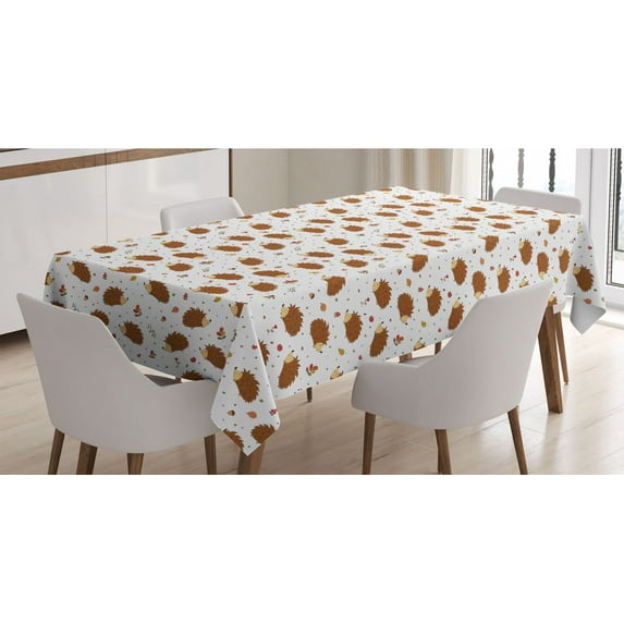 Hedgehog Tablecloth, Love of Nature Theme Nuts Leaves Mushrooms and Playful Woodland Animal Composition, Rectangle Satin Table Cover for Dining Room and Kitchen, 60" X 84", Multicolor, by Ambesonne