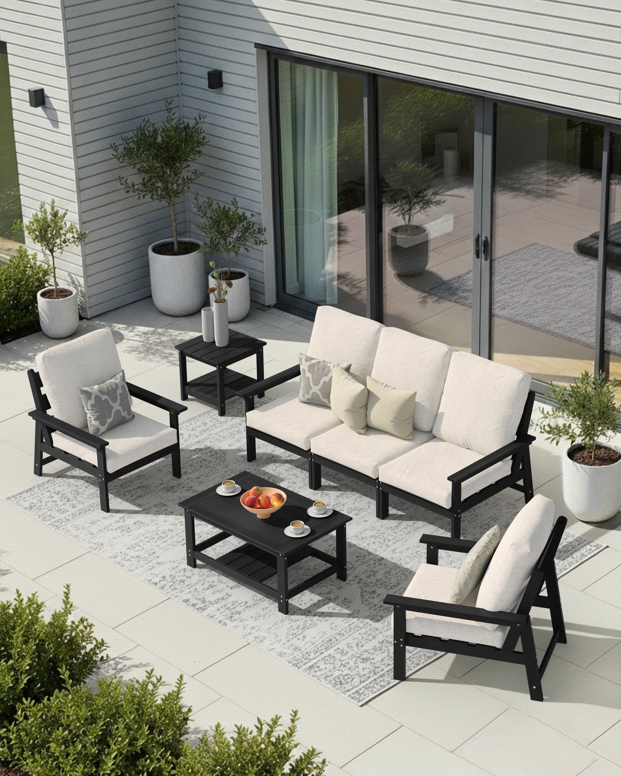 Harbweb 7-Piece HDPS Outdoor Sofa Patio Furniture Set, Black Frame with Beige Cussion