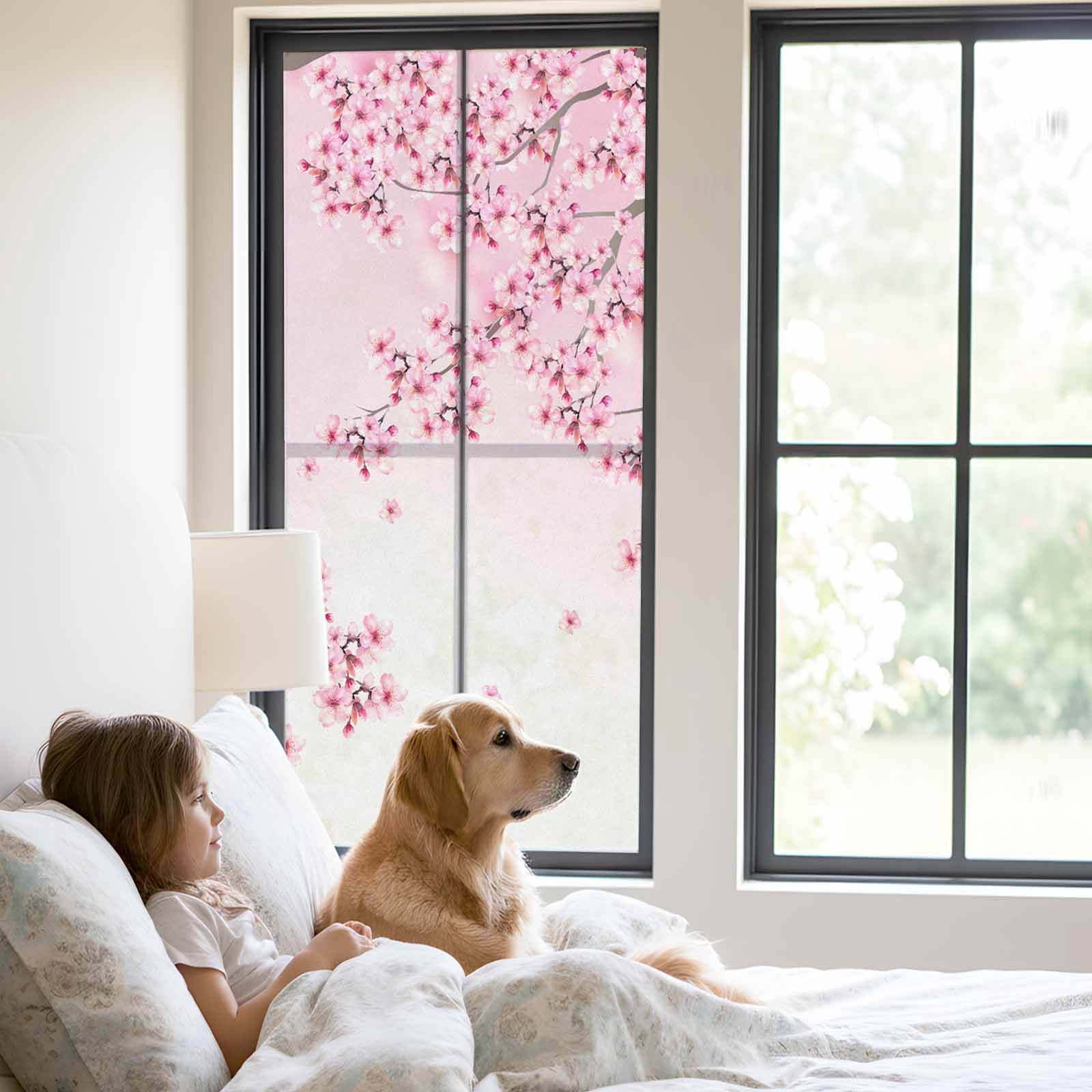 Cherry Blossom Window Privacy Film, Gradient Tree Pink Flower Plant Static Cling UV Sun Blocking Heat Control Window Tint Day and Night,Non-Adhesive Reusable One Way Windows Privacy Cover 23.6''x59''