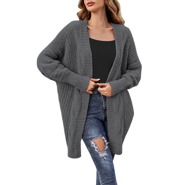 Hauts à Manches Longues pour Femmes Mode Femme Couleur Unie Manches Longues Cardigan en Tricot Hauts Amples Blouse Chandail Hauts à Manches Longues pour Femmes Hauts à Manches Longues pour Femmes Long Cardigan Chandails pour Femmes