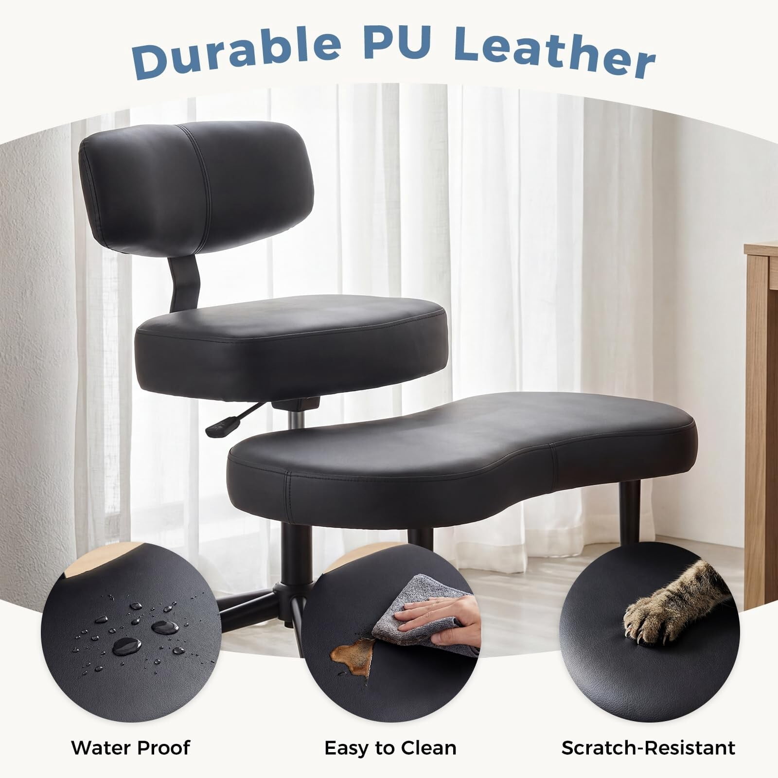 Kelno Cross Legged Meditation Chair with 360° Swivel Footrest Adjustable Backrest Ergonomic PU Leather Office Chair, Black