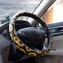 Car Steering Wheel Cover, Anti-Slip Steering Wheel Protector for Women Ladies, Universal 15 Inch, Black with Sunflower