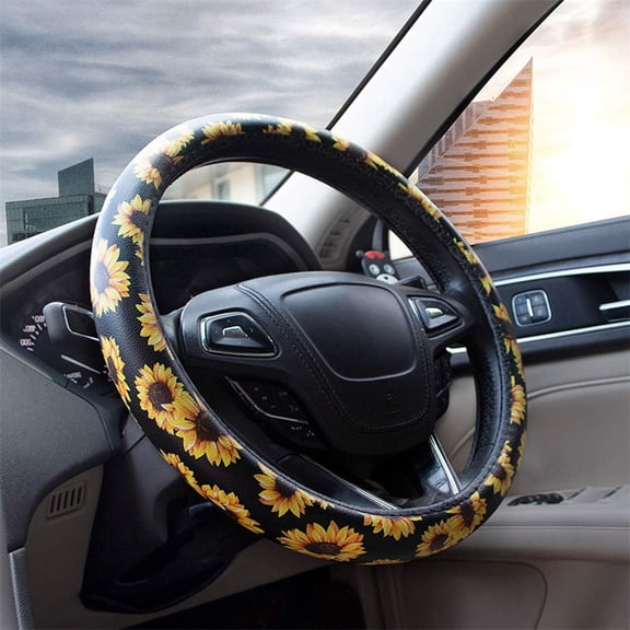 Car Steering Wheel Cover, Anti-Slip Steering Wheel Protector for Women Ladies, Universal 15 Inch, Black with Sunflower