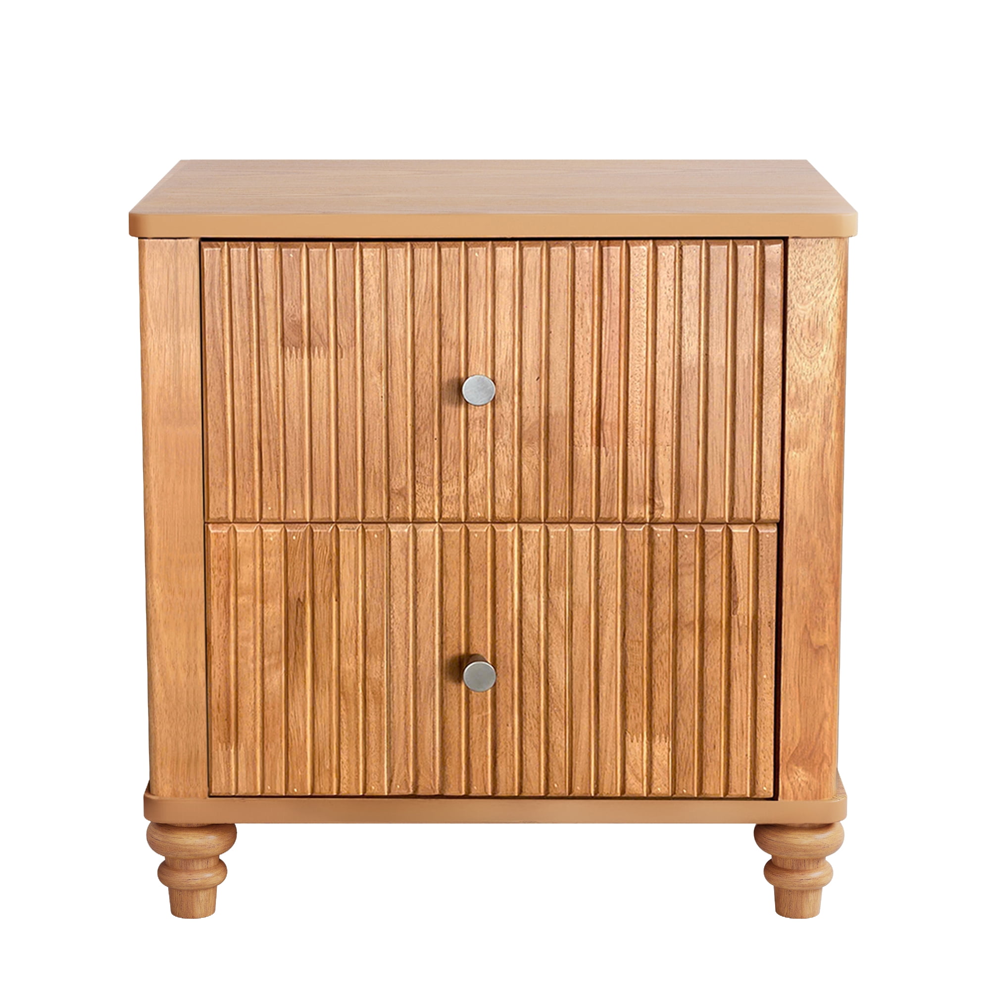 Fluted Nightstand 2-Piece Set, 21.65" Wide Side Table with 3 Drawers, Mid Century Modern Wood NightStand with Metal Handle, Wooden Bedside End Table for Bedroom, Living Room, Closet, Natural