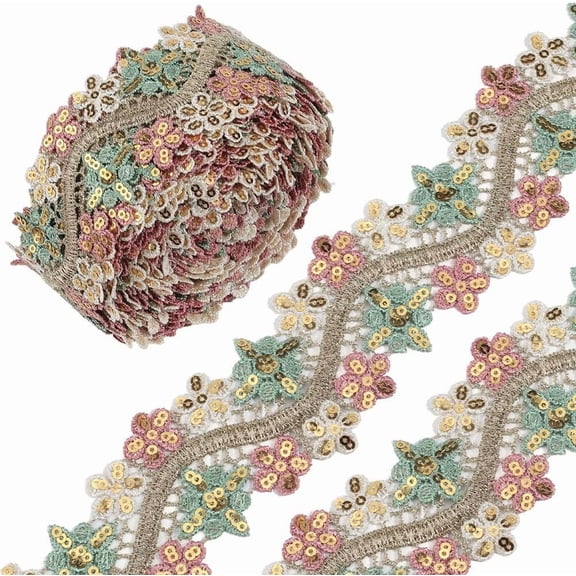 10 Yards Embroidery Flower Lace Ribbon 2 Inch Gold Thread Paillette Floral Lace Trim Roll Vintage Edging Trimming Applique for Bridal Wedding Dress Sewing Crafting DIY Decoration for diy making