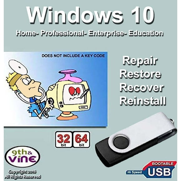 Windows 10 All Versions, Home, Professional, Education, Enterprise Restore Recover & Re-install 32/64 USB Plus Windows Drivers Pack