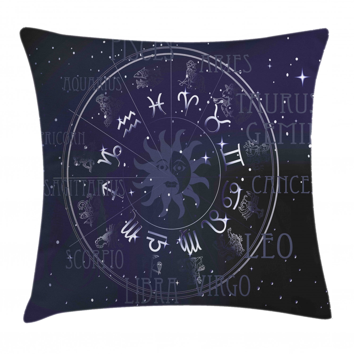 Astrology Throw Pillow Cushion Cover, Horoscope Zodiac Sign in Circle Wheel Shape on Star Seem