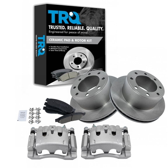 TRQ Rear Brake Pad & Rotor Kit Brake Caliper Brake Pads Brake Rotor Ceramic Vented Fits Select 2008-2012 Ford F-250 Super Duty 2006-2012 F-350 Super Duty