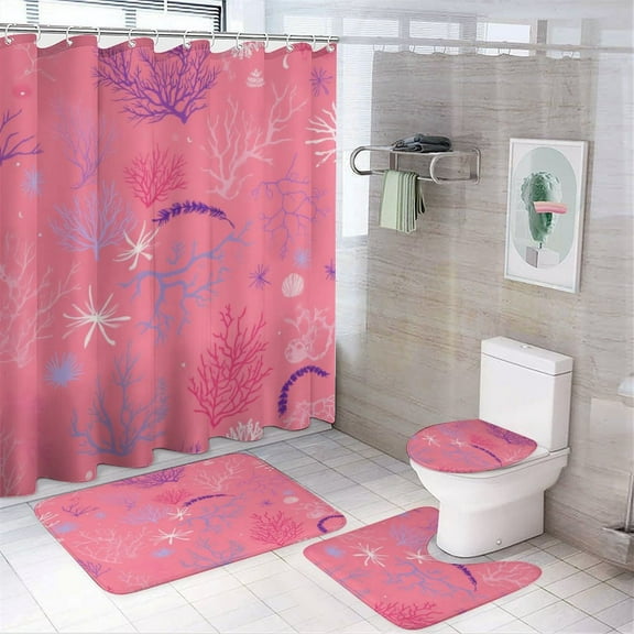 Pink Coral Reef Pattern Shower Curtain Waterproof Bathroom Curtain Set with Hooks Home Decor Bathroom Curtains 4pcs