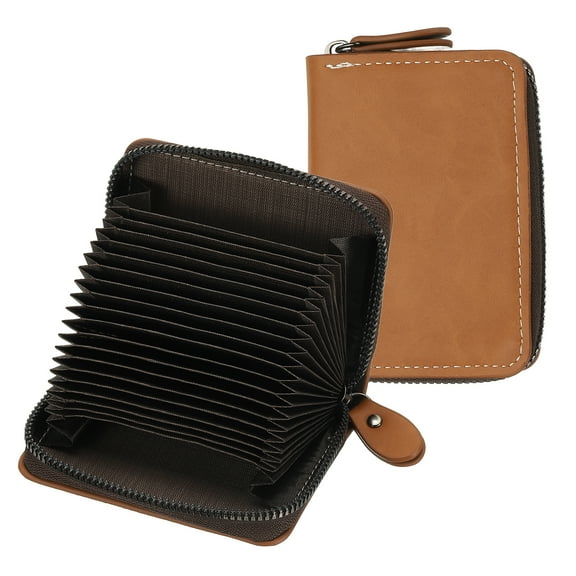 Uxcell  Accordion Credit Card Holder Zipper Wallet, Leather Card Case Organizer with 18 Card Slots for Women Men Storage, Brown (2 coin slots)