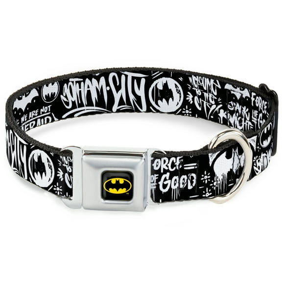 DC Comics Pet Collar, Dog Collar Metal Seatbelt Buckle, Batman Gotham City Graffiti Collage Black White, 9.5 to 13 Inches 1.0 Inch Wide
