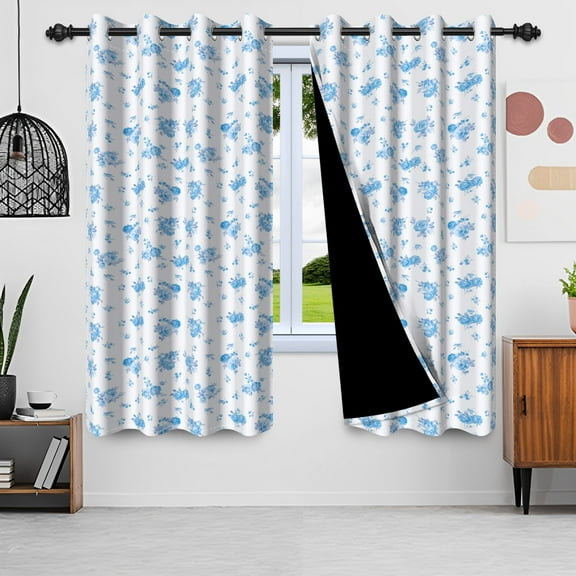 Pbobriich Floral Blackout Window Curtains,Blue Printed Pattern Drapes Thermal Insulated Window Curtain for Bedroom 42x84 Inch