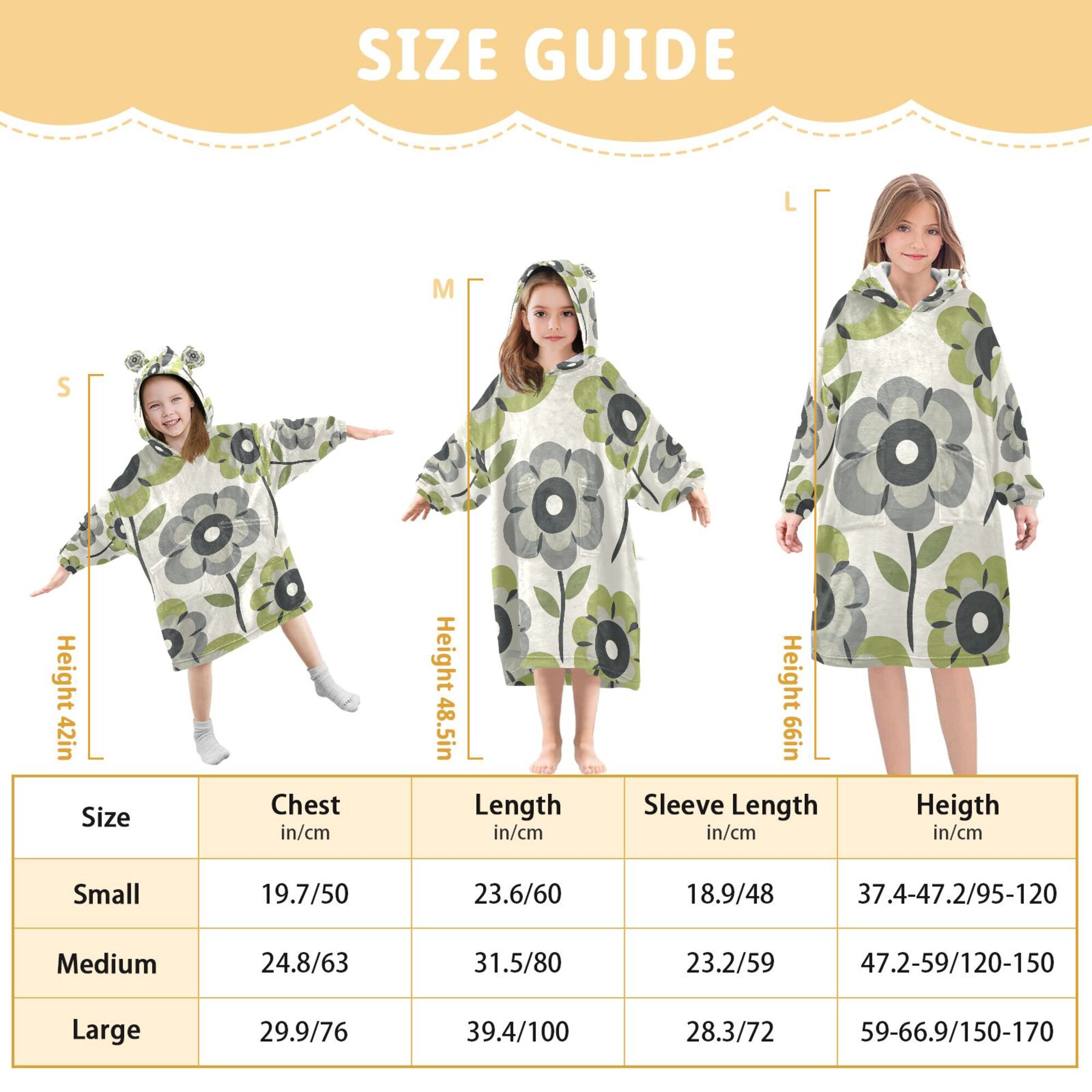 FORMRS Wearable Blanket Hoodie with Sleeves for Kids Cozy Flannel Sweatshirt, Retro Flower