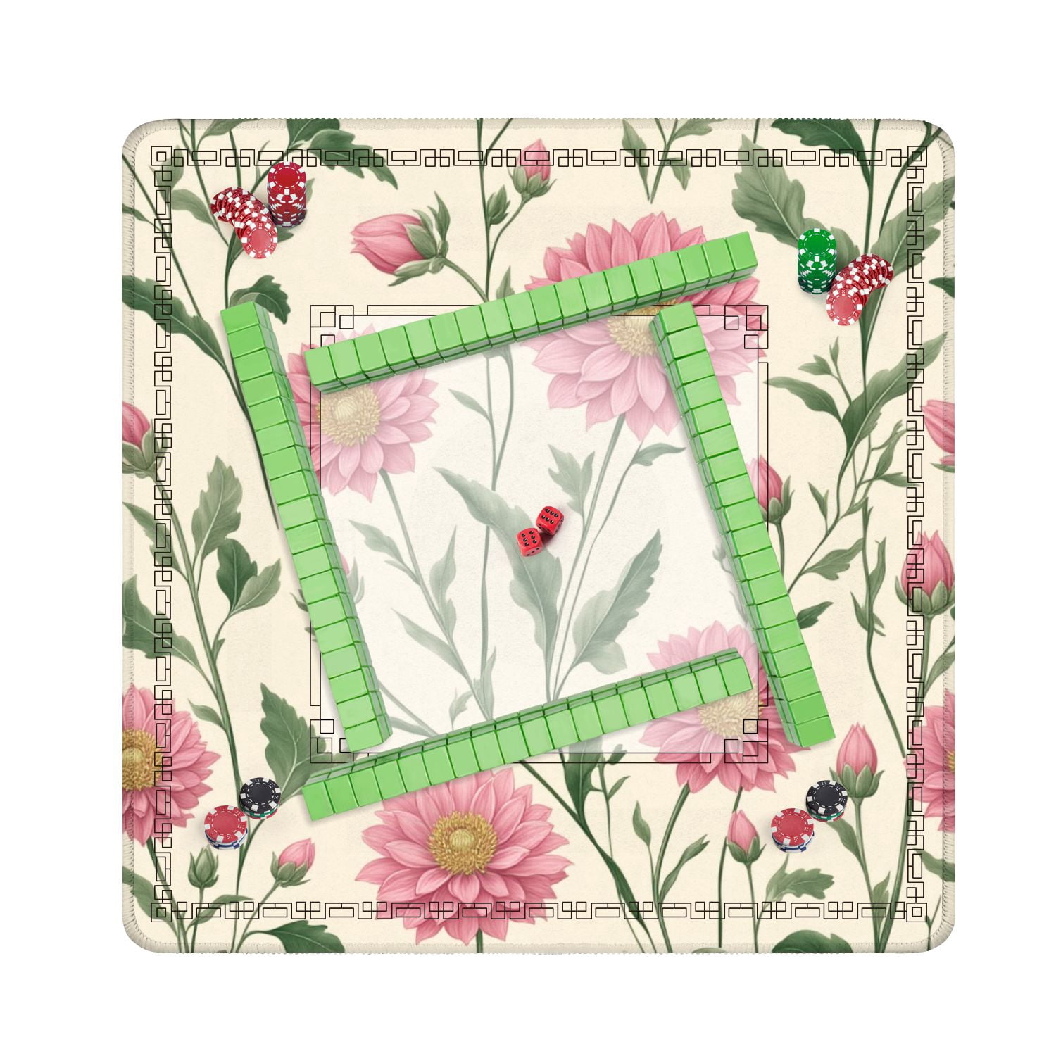 Mahjong Mat 31.5" x 31.5" Pink Chrysanthemum Floral Green Leaves Cream Non-Slip Noise Reduction American Mahjong Tiles Table Cover for Dominoes Poker Card Board Games Gift