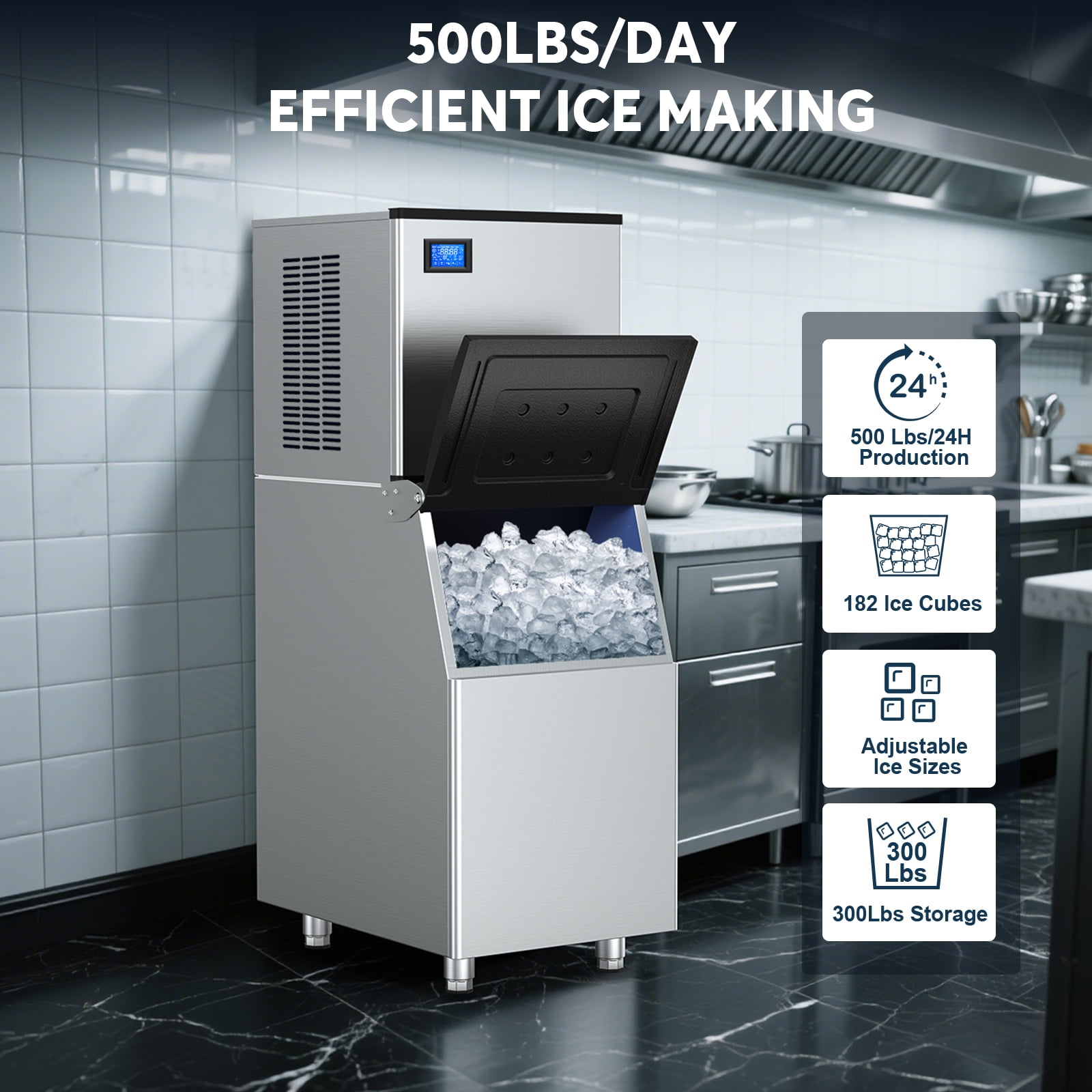 TITTLA 500 lbs/24-Hours Split Commercial Freestanding Ice Maker in Silver Industrial Ice Machine, 300Lbs Storage, Ice Ready in 11-20min Two packages 182 Ice Cubes/Cycle