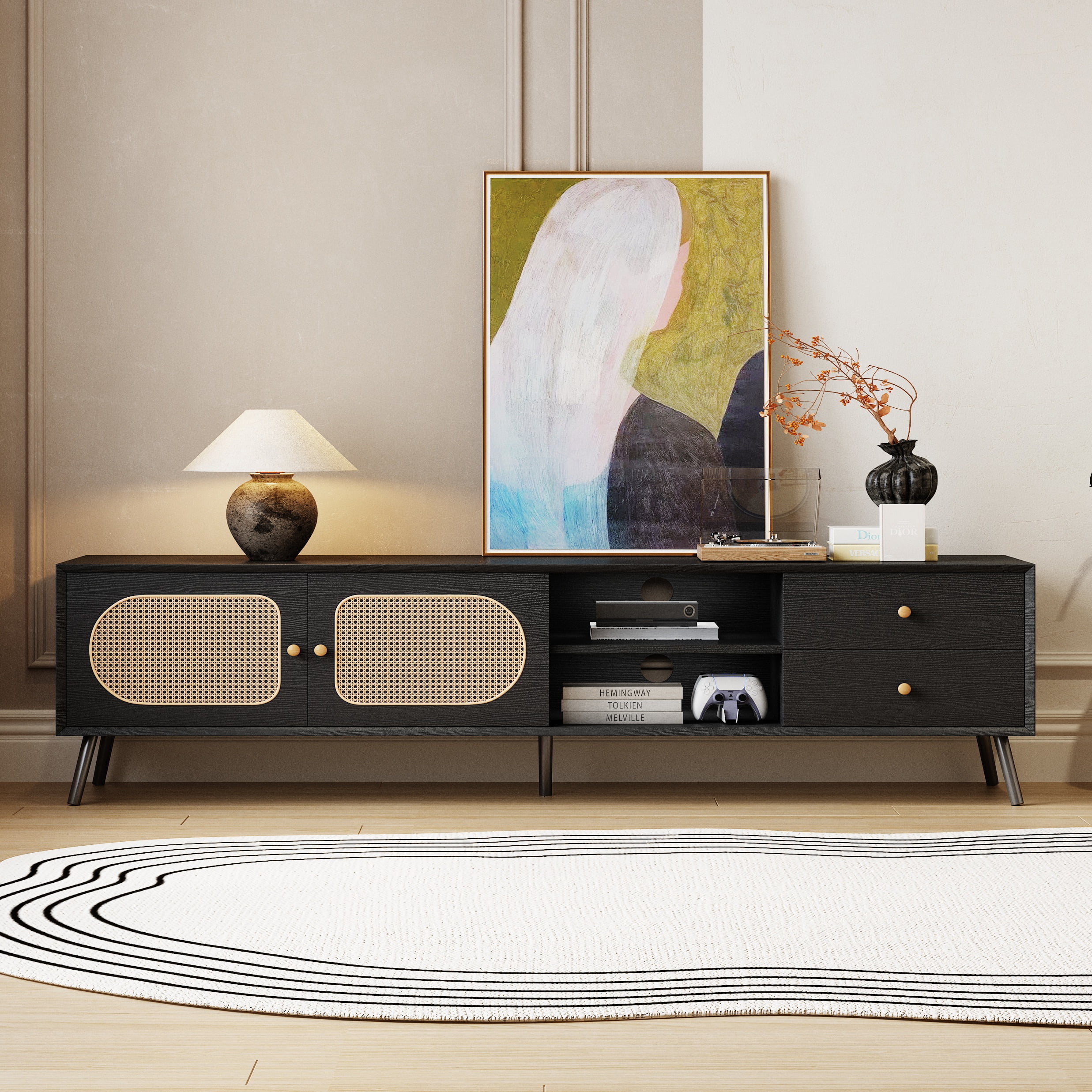 PAPROOS TV Stand for 80 inch TV, TV Cabinet with 2 Drawers & Rattan Door, Mid Century TV Console Table with Storage Cabinets, Entertainment Center for Living Room, Office, Black
