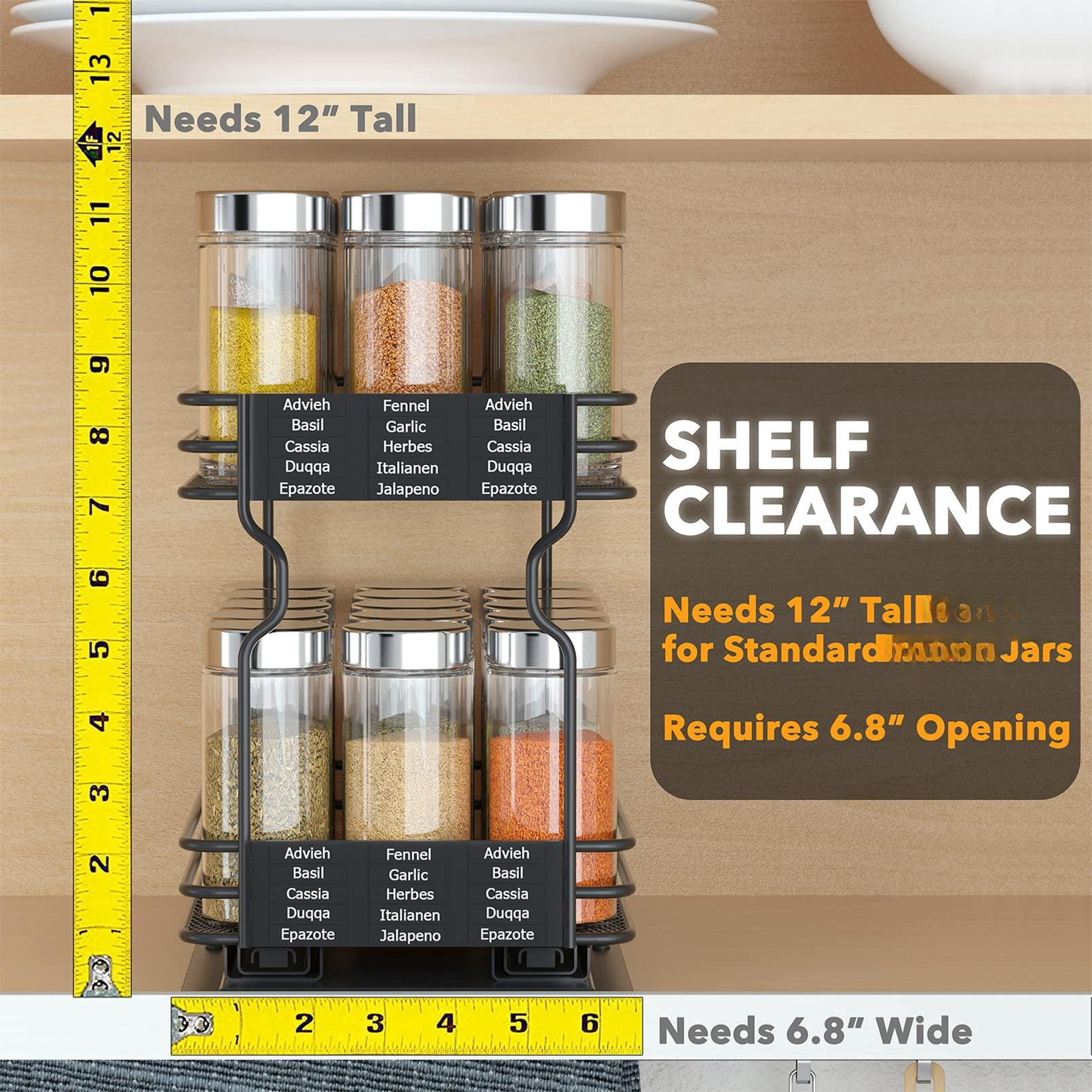 Pull Out Spice Rack Organizer For Cabinet  Heavy Duty Slide Seasoning Kitchen With Labels And Chalk Marker 6.5" W X10.75 D X8.5 H 1 Drawer 2-tier