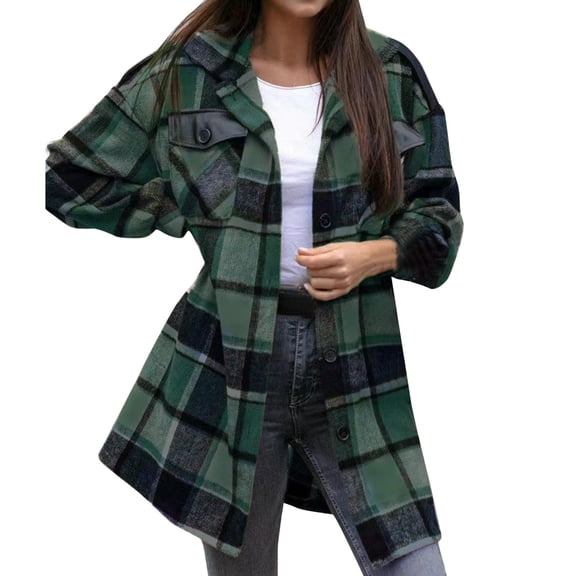 Cnbwig Checked Jacket for Women Long Sleeve Button Lapel Color Block Plaid Shirts Loose Jacket Casual Fall Coat Outwear Green M