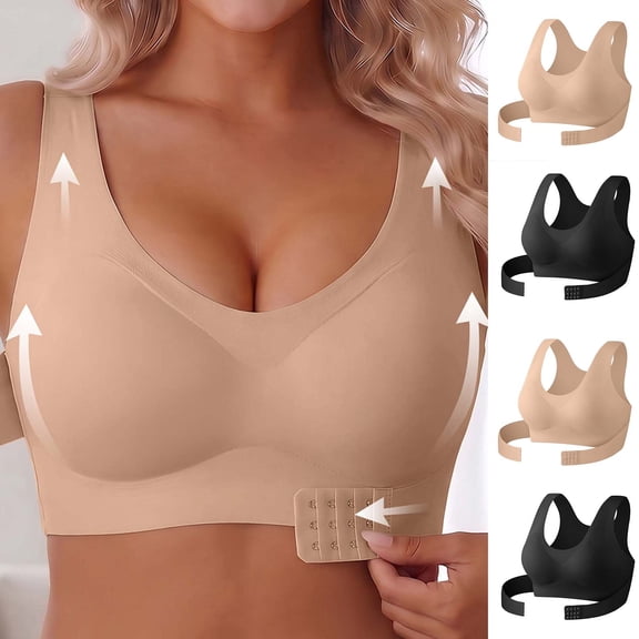 Hduncf Womens Wireless Sleep Bra Seamless Full Coverage, Side and Back Smoothing Bralette, Wide Strap Light Support Lounge T-Shirt Bras Beige XL