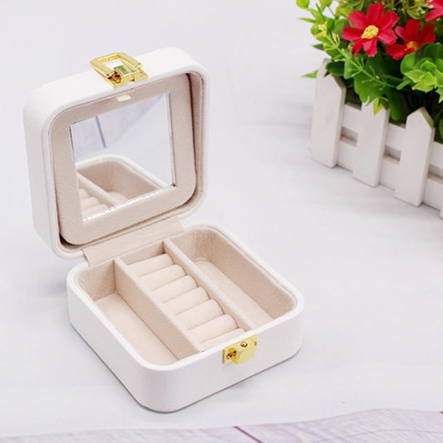 Caja de Almacenamiento de Joyas Cuero Impermeable con con Espejo con Ganchos para Colgar Organizador de Múltiples Capas de Moda Soport blanco Fernando caja de almacenamiento de joyas