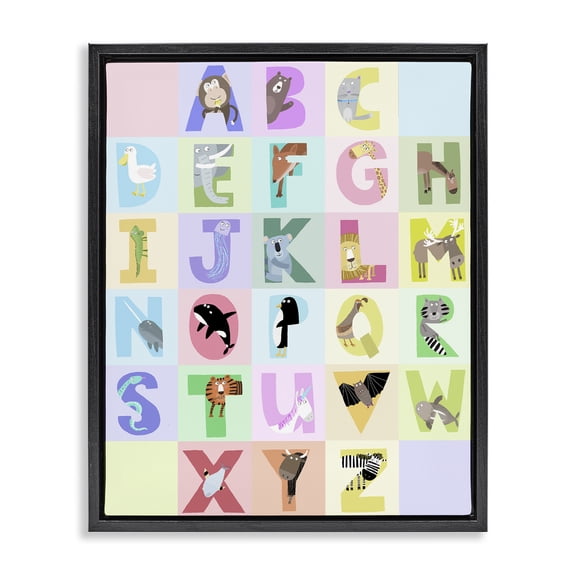 Stupell Industries Contemporary Animal Alphabet in Pastels Black Floating Frame Canvas Art, 17 x 21, by Carla Daly