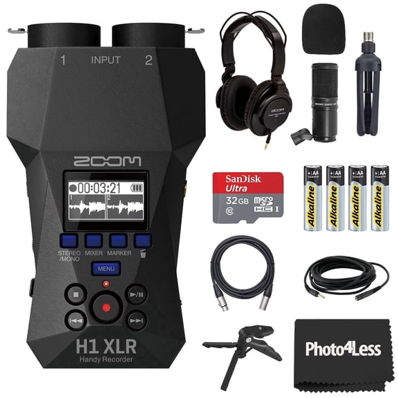 Zoom H1 XLR Handy Recorder, Bundle with Zoom ZDM-1 Podcast Microphone, Headphones, Windscreen, XLR Cable, Tabletop Stand, Tripod Grip, 32GB micro SD Card, AA Batteries (4 Pack)