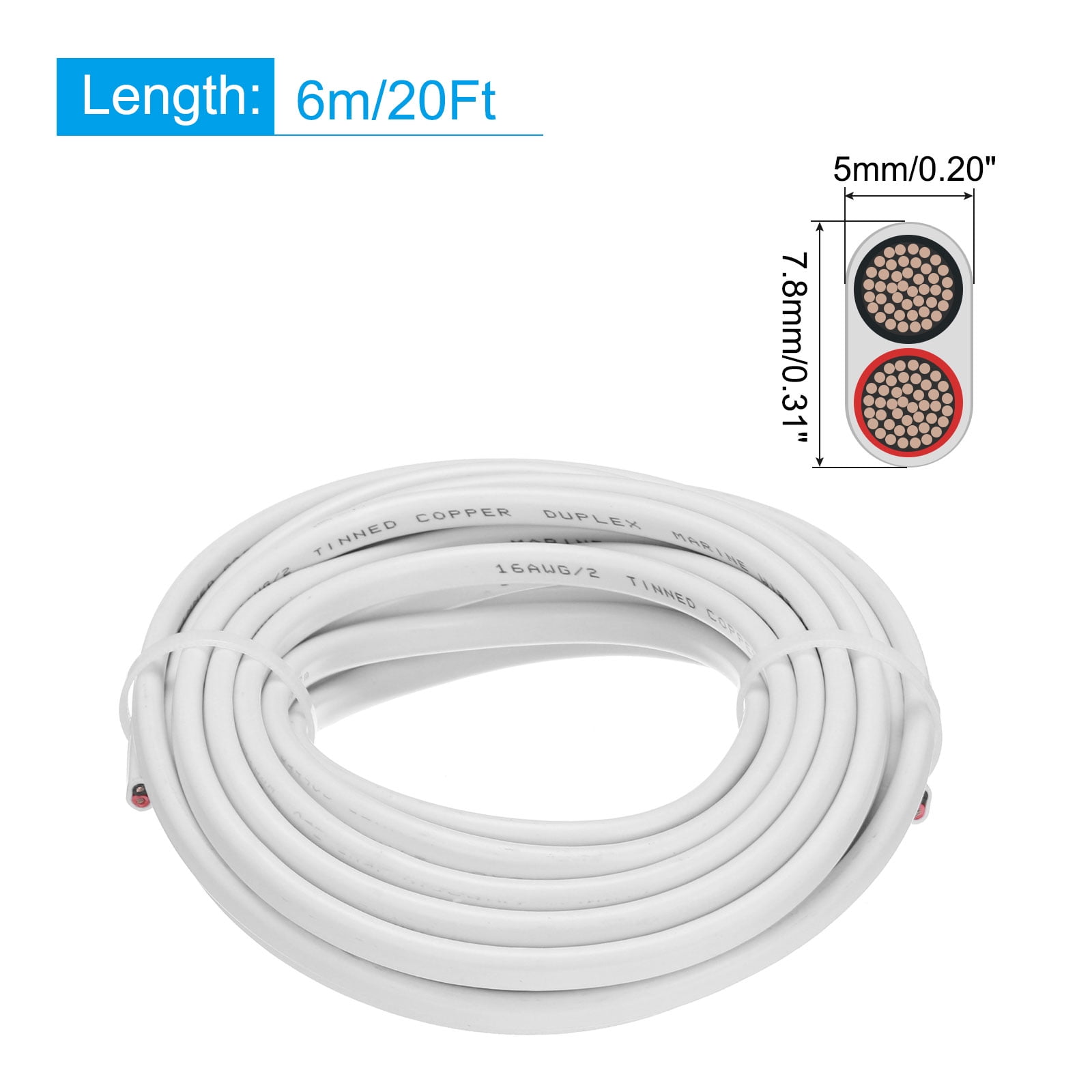 2 Core 16AWG Duplex Marine Wire 20 Ft Tinned Copper Insulated Boat Cable with Jacket for Boat Marine Speakers