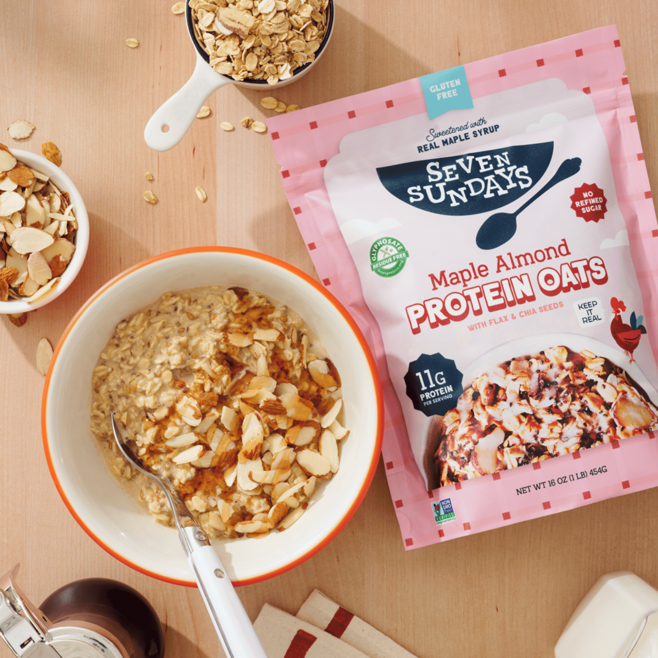 (6 pack) Seven Sundays Maple Almond Flax Chia Protein Overnight Oatmeal, Gluten Free, 16 oz Bag