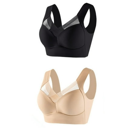 QYZEU Womens Bras Wireless 2PC Solid Color Sports Bra Soft Cups Large Strap Lace Tank Top Underwear Thin Comfortable Push Up Adjustable Bra Beige 4XL