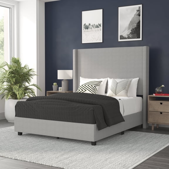 BizChair Quinn Stitched Upholstered Platform Bed, Gray, Full