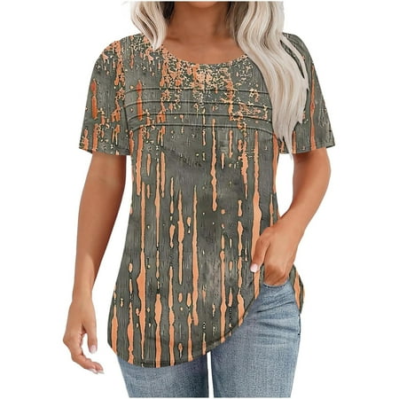 Patlollav Womens Summer Tops Casual Short Short Sleeve T Shirts Floral Pleated Tunics Round Neck Work Blouse
