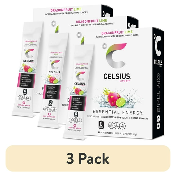 (3 pack) CELSIUS On The Go Energy Drink Mix, Dragonfruit Lime (14 Stick Pack)