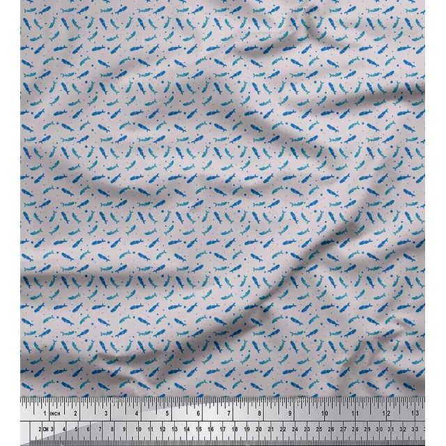 Soimoi Polyester Crepe Fabric Dot & Whale Ocean Print Sewing Fabric Yard 42 Inch Wide